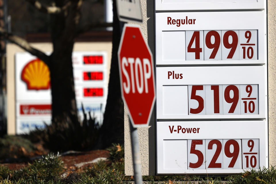 HERCULES, CALIFORNIA - NOVEMBER 17: Gas prices over $5.00 per gallon are displayed at a Shell station on November 17, 2021 in Hercules, California. U.S. President Joe Biden is calling on the Federal Trade Commission to investigate the surge in gas prices in United States. California has the highest average price for a gallon of regular gasoline at $4.682, breaking the record high of $4.671 from October 2012. (Photo by Justin Sullivan/Getty Images)