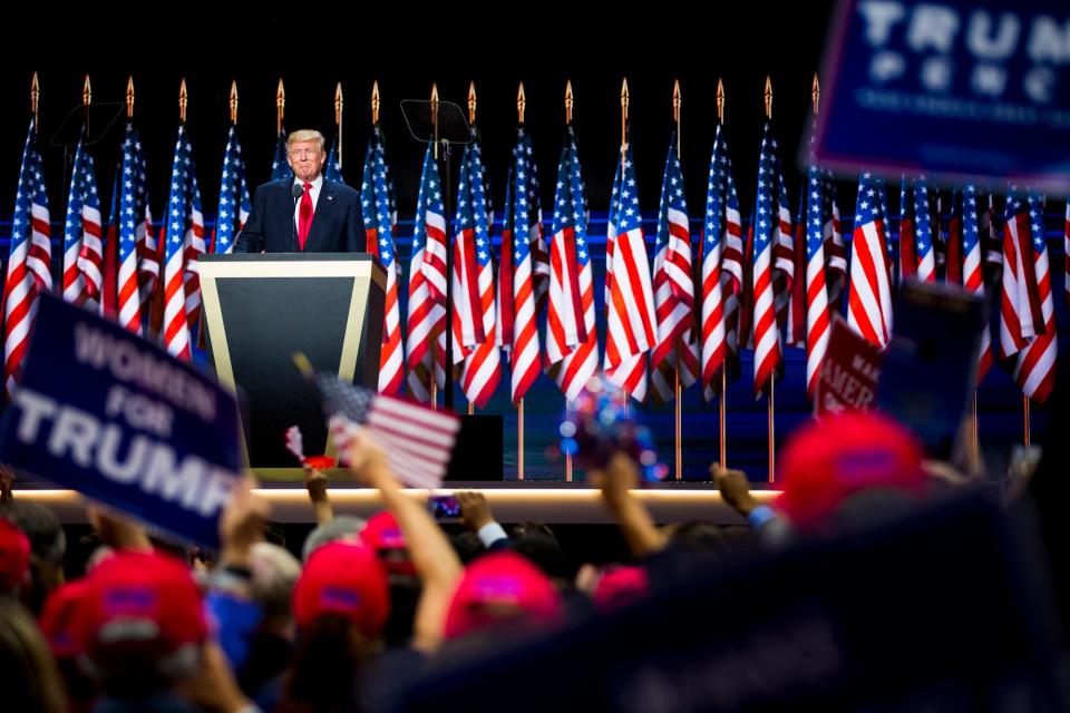 Donald Trump officially accepts the Republican presidential nomination on the final night of the Republican National Convention at Quicken Loans Arena in Cleveland, Ohio Thursday, July 21, 2016.  (Via OlyDrop)