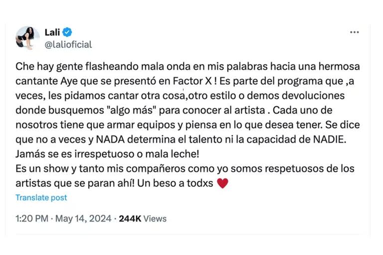 Lali Espósito se defendió ante las críticas por su ida y vuelta con la concursante (Captura: X)