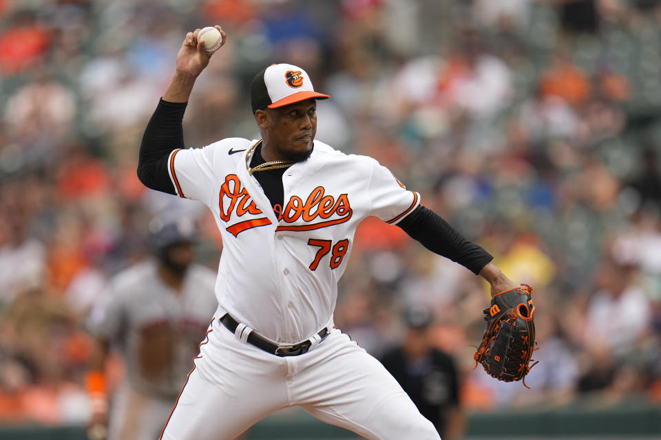 Baltimore Orioles relief pitcher Yennier Cano throws to the Houston Astros in the eighth inning of a baseball game, Thursday, Aug. 10, 2023, in Baltimore. The Orioles won 5-4. (AP Photo/Julio Cortez)