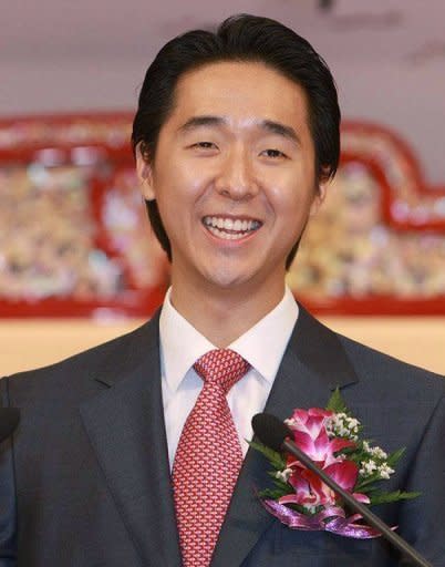 Photo handout shows Hyung Jin Moon, son of the late Unification Church founder Sun Myung Moon, in 2008. He succeeded his father as the church's most senior leader in 2008 at the age of 28