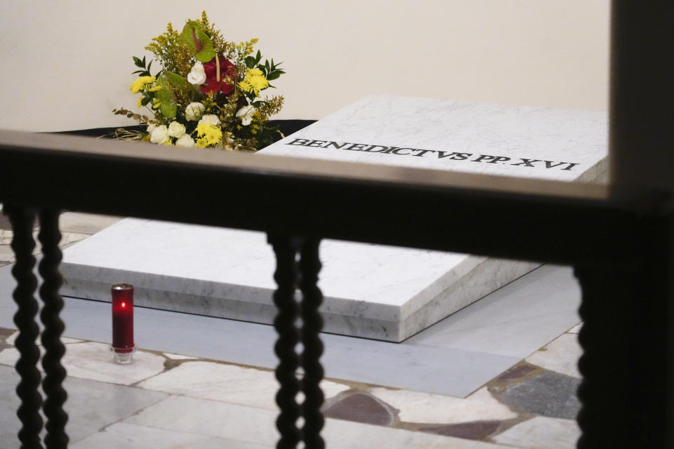 The tomb of late Pope Emeritus Benedict XVI inside the grottos of St. Peter's Basilica, at the Vatican, Sunday, Jan. 8, 2023. Benedict died at 95 on Dec. 31 in the monastery on the Vatican grounds where he had spent nearly all of his decade in retirement, his days mainly devoted to prayer and reflection. (AP Photo/Gregorio Borgia)