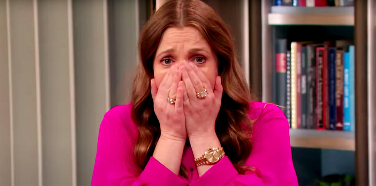 Drew Barrymore reacts to her big birthday treat on Tuesday's episode of her eponymous talk show.  (YouTube)