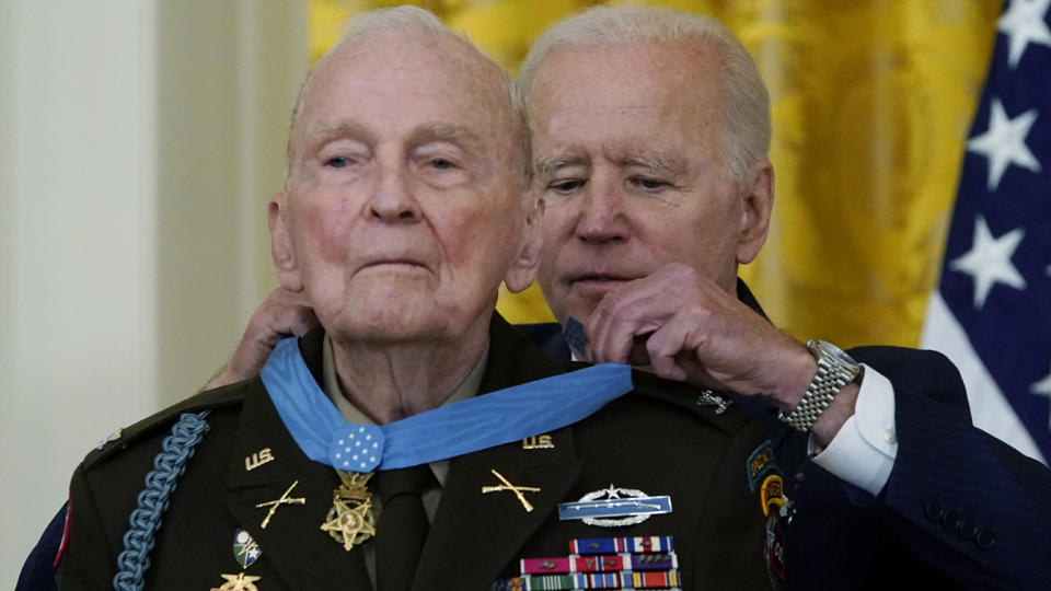 President Biden presents the Medal of Honor to retired U.S. Army Col. Ralph Puckett Jr. in the East Room of the White House on Friday. (AP Photo/Alex Brandon)