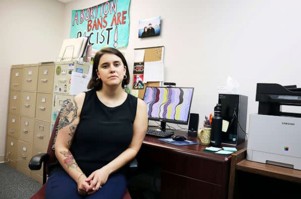 PHOTO: Katie Quiñonez, executive Director of the Women's Health Center of West Virginia, sits in her office at the clinic, the only abortion provider in the state, in Charleston, W.Va., June 29, 2022. (Leah Willingham/AP, FILE)