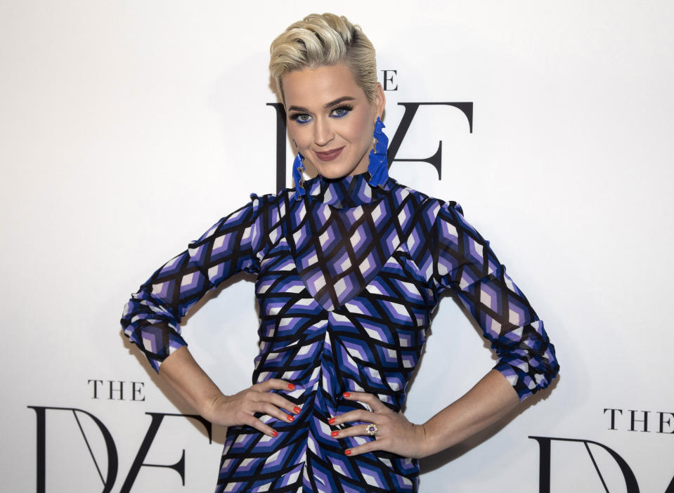 FILE - This April 11, 2019 file photo shows Katy Perry at the 10th annual DVF Awards at the Brooklyn Museum in New York. A jury has found that Perry’s 2013 hit “Dark Horse,” copied a 2009 Christian rap song. The nine-member federal jury in Los Angeles returned the unanimous verdict Monday, July 29, 2019. (Photo by Andy Kropa/Invision/AP, File)