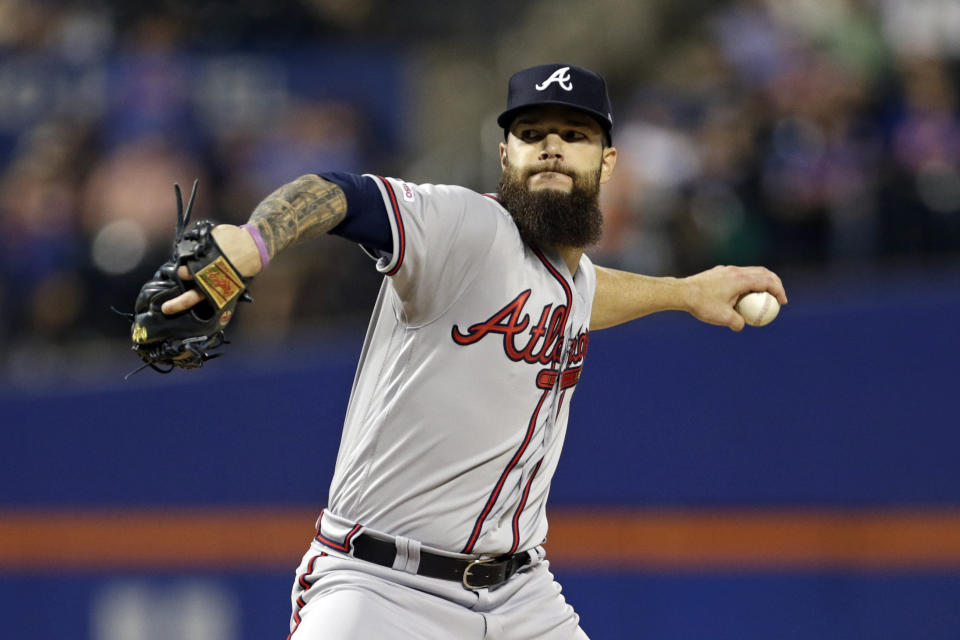 Atlanta Braves pitcher Dallas Keuchel delivers during the first inning of a baseball game against the New York Mets on Friday, Sept. 27, 2019, in New York. (AP Photo/Adam Hunger)