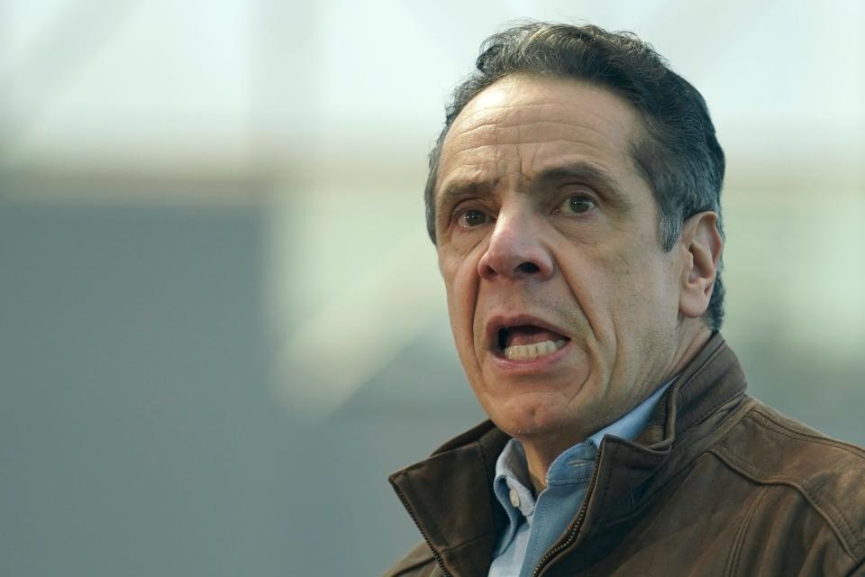 New York Gov. Andrew Cuomo speaks at a vaccination site on Monday, March 8, 2021, in New York