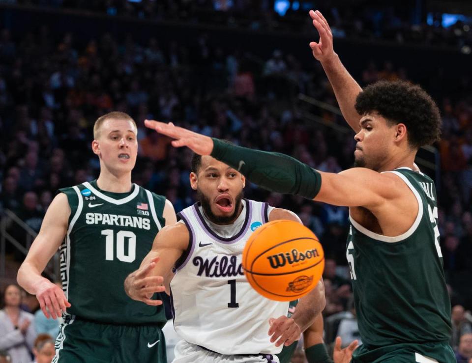 Kansas State’s Markquis Nowell throws one of his 19 assists during the second half of their east region semifinal game against Michigan State at Madison Square Garden on Thursday night.