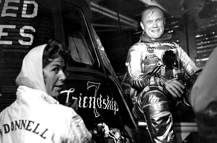 Chrysler Aerospace artist Cecelia Bibby paints Friendship 7 on NASA astronaut John Glenn’s Mercury spacecraft in early 1962. After selecting the name, Glenn insisted the individual who developed the artwork personally apply the paint. This was in spite of objections to the fact that women rarely, if ever, were allowed up the Launch Pad 14 gantry. (NASA)