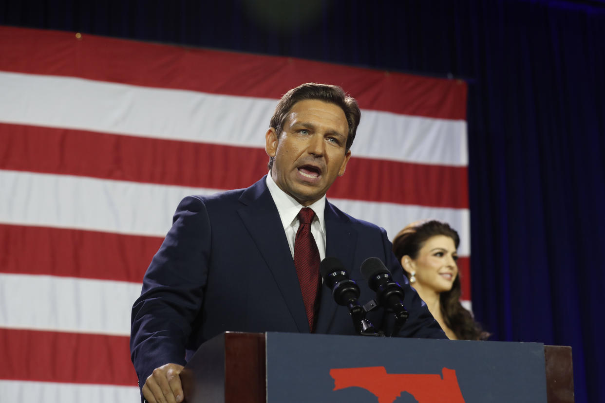 Florida Republican Governor incumbent Ron DeSantis gives a victory speech over Democratic gubernatorial candidate Rep. Charlie Crist during his election night watch party at the Tampa Convention Center on November 8, 2022 in Tampa, Florida. (Octavio Jones/Getty Images)