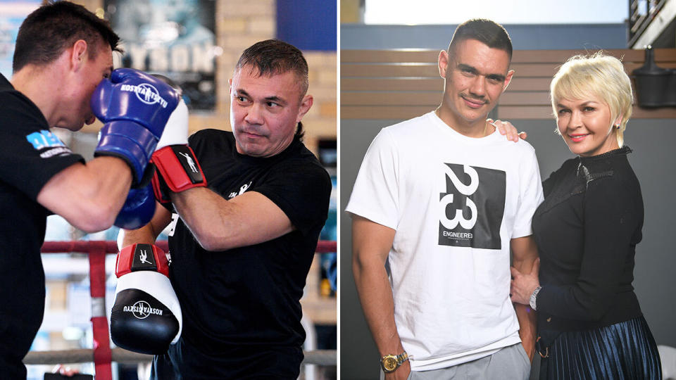 Aussie boxing legend Kosta Tszyu (pictured left) training with his son Tim and Tim Tszyu hugging his mother Natalie (pictured right).