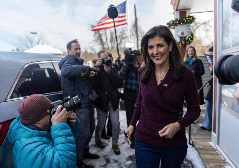 Former United Nations Ambassador Nikki Haley departs after attending a meet and greet at the Robie Country Store on Thursday, Jan. 18, 2024, in Hooksett, New Hampshire. Haley is the last candidate standing against Trump after Florida Gov. Ron DeSantis dropped out of the race.