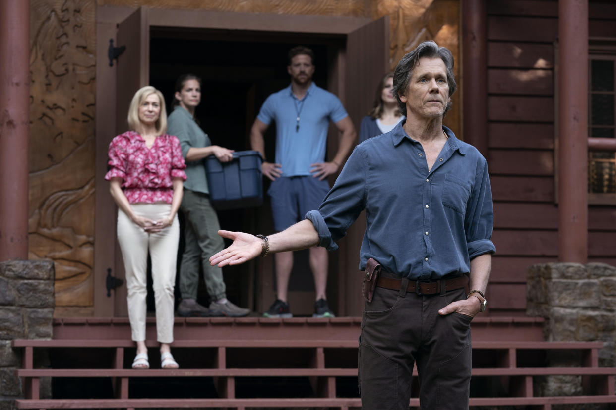 Kevin Bacon welcomes a group of campers to his LGBTQ conversion camp in the new horror film, They/Them. (Photo by: Josh Stringer/Blumhouse)