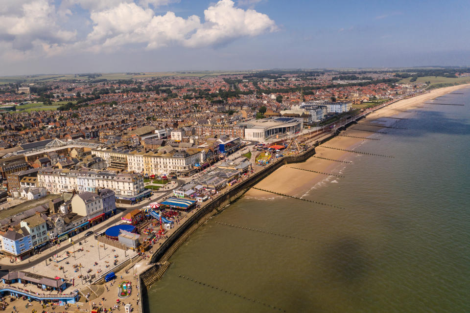 Bridlington, UK, - July 9, 2021.  Aerial landscape view of the promenade and seafront of the small Yorkshire seaside town of Bridlington.