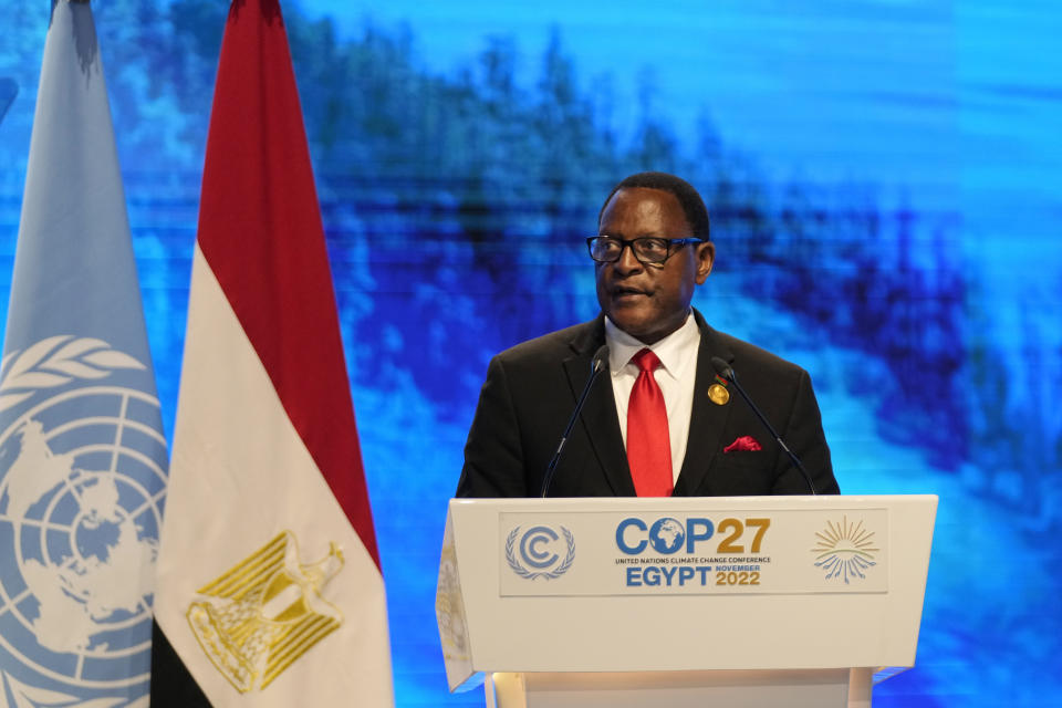Lazarus McCarthy Chakwera, president of Malawi, speaks at the COP27 U.N. Climate Summit, Tuesday, Nov. 8, 2022, in Sharm el-Sheikh, Egypt. (AP Photo/Peter Dejong)