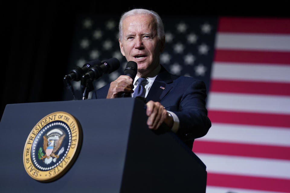 President Joe Biden speaks about student loan debt relief at Delaware State University, Friday, Oct. 21, 2022, in Dover, Del. (AP Photo/Evan Vucci)