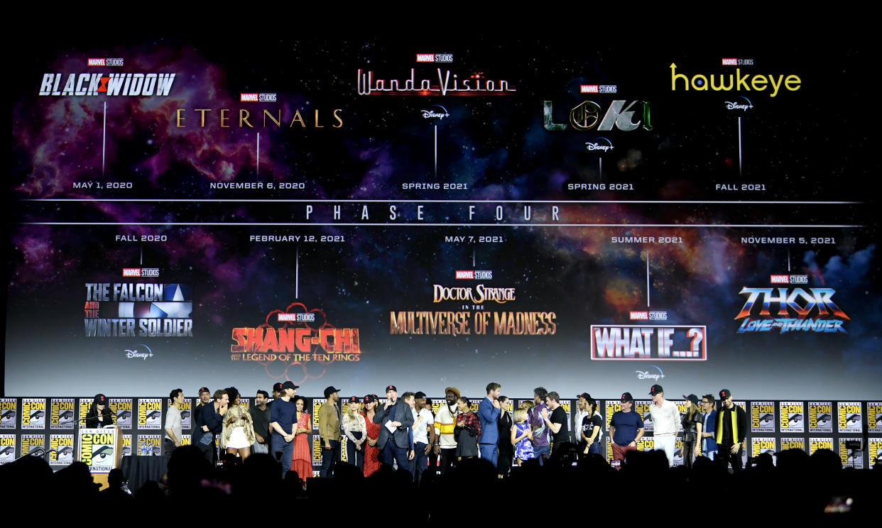SAN DIEGO, CALIFORNIA - JULY 20: The Marvel Cinematic Universe Phase Four is announced with cast members during the Marvel Studios Panel during 2019 Comic-Con International at San Diego Convention Center on July 20, 2019 in San Diego, California. (Photo by Kevin Winter/Getty Images)