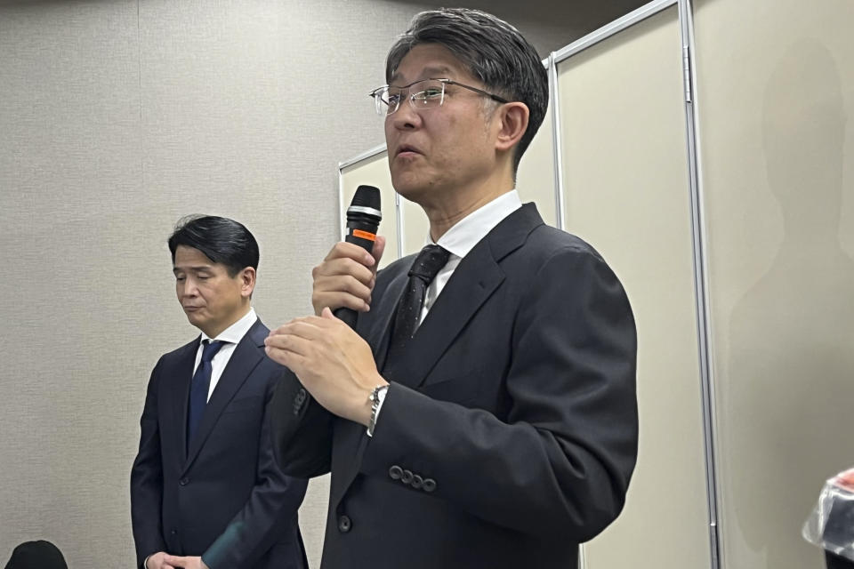 Toyota Motor Corp. CEO Koji Sato speaks to the media in Tokyo, Japan, Monday, Jan 29, 2024. Toyota Chief Sato apologized Monday to customers, suppliers and dealers for flawed testing at a group company, which follows similar problems in recent years. (AP Photo/Yuri Kageyama)