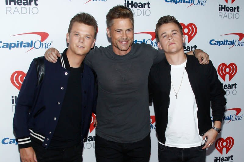 Left to right, Matthew Lowe, Rob Lowe and John Lowe arrive for the iHeartRadio Music Festival at the T-Mobile Arena in Las Vegas in 2017. File Photo by James Atoa/UPI