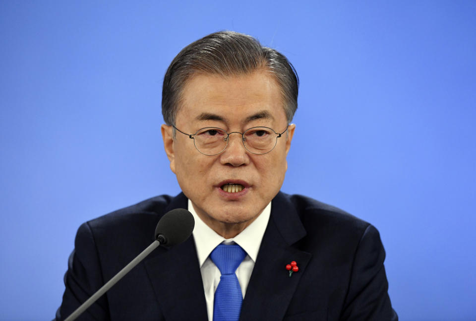 South Korean President Moon Jae-in holds his New Year press conference at the presidential Blue House in Seoul Thursday, Jan. 10, 2019. Moon urged North Korea to take firmer disarmament measures and the U.S. to reward them, suggesting Thursday he'll push for sanction exemptions to restart dormant economic cooperation projects with the North. (Jung Yeon-je/Pool Photo via AP)