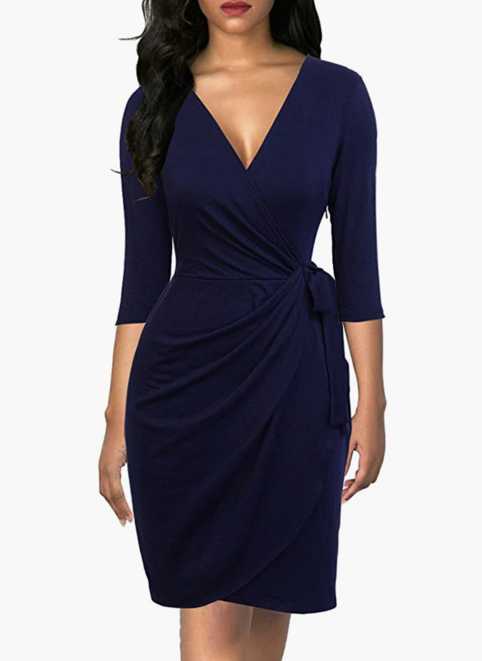 brunette model wearing Berydress 3/4 Sleeve Wrap Dress in navy (Photo via Amazon)