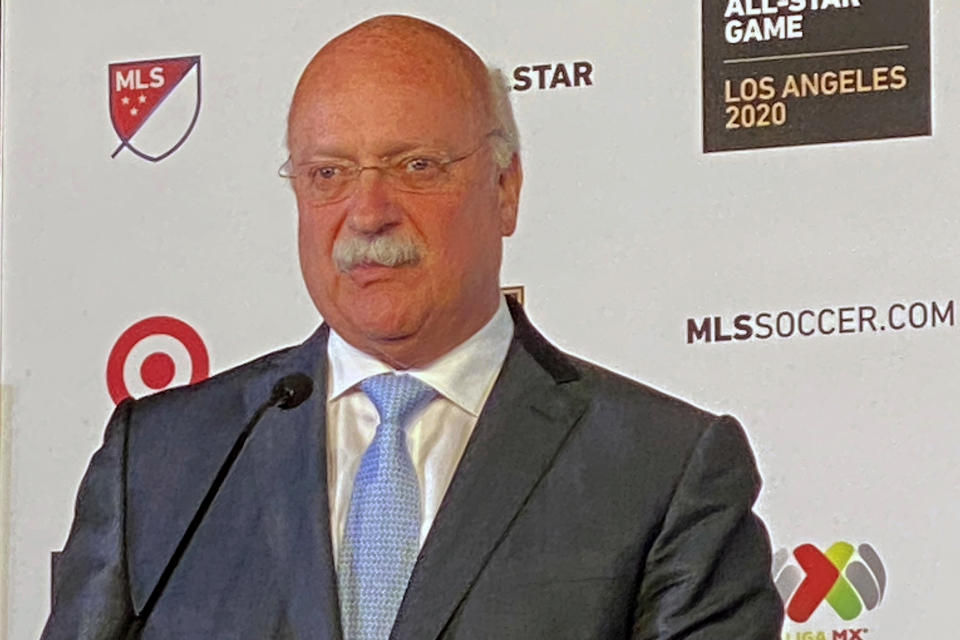 LIGA MX Executive President Enrique Bonilla speaks during a press conference at Banc of California Stadium in Los Angeles , Wednesday, Nov. 20, 2019. The 2020 Major League Soccer All-Star Game, which will be held on July 29, 2020, in Los Angeles, will match the best of MLS against the All-Stars from Mexico's LIGA MX. (AP Photo/Joe Reedy)