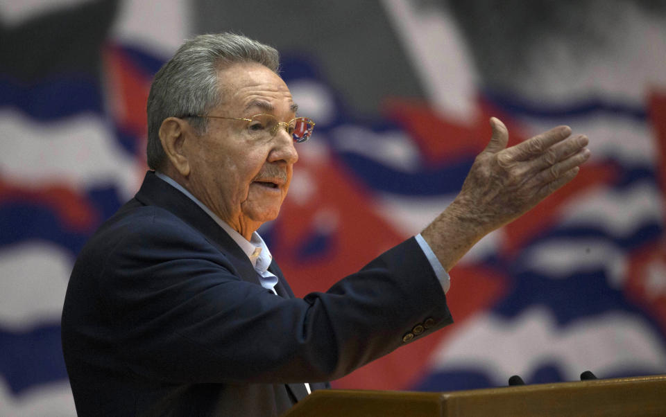 FILE - In this April 16, 2016 file photo, Cuba's President Raul Castro addresses the Cuban Communist Party Congress in Havana, Cuba. The VIII Congress of the Communist Party of Cuba, between April 16 and 19, 2021, could go down in history as the last with a member of the Castro family at the head, if Raul Castro fulfills his announcement to say goodbye as Secretary General. (Ismael Francisco/Cubadebate via AP File)