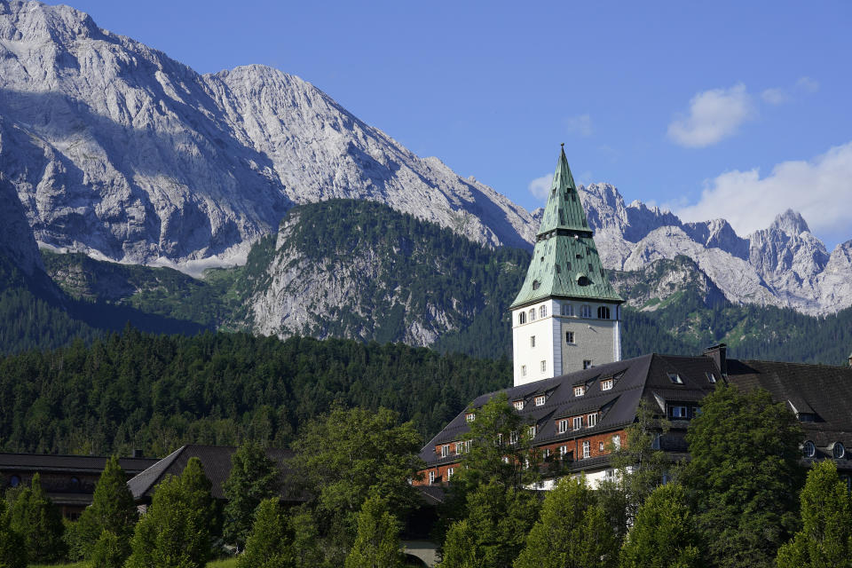 A view of the secluded Schloss Elmau luxury hotel in Elmau, Germany, Sunday, June 26, 2022, where President Joe Biden and the other leaders of the Group of Seven, G-7, leading economic powers will attend their annual summit. (AP Photo/Susan Walsh)