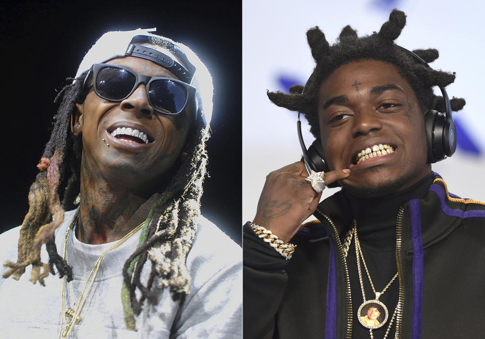 This combination of images shows Lil Wayne performing during Hot 97's "Busta Rhymes & Friends: Hot For The Holidays" in Newark, N.J. on Sept. 13, 2016, left, and Kodak Black at the MTV Video Music Awards at The Forum in Inglewood, Calif. on Aug. 27, 2017. President Donald Trump pardoned or commuted the sentences of more than 140 people in a last-minute clemency flurry after midnight on Wednesday, a list that included rappers Lil Wayne and Kodak Black. (AP Photo)