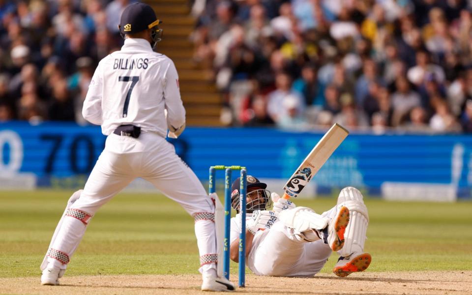 Edgbaston, Birmingham, Britain - July 1, 2022 India's Rishabh Pant hits four runs off the bowling of England's Jack Leach - Jason Cairnduff/Action Images via Reuters