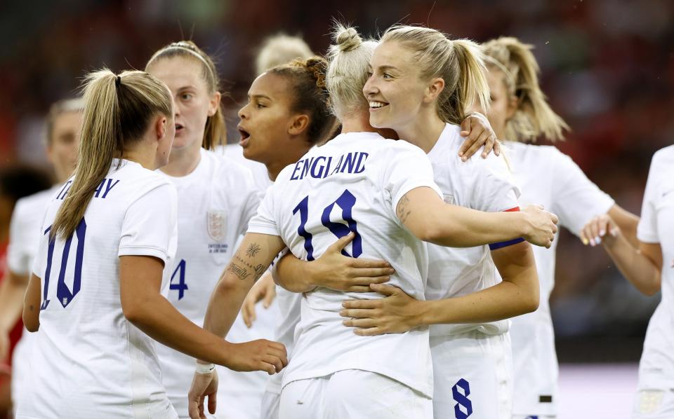 Bethany England of England celebrates scoring their side's third goal with teammate Leah Williamson the Women's International friendly match between Switzerland and England at Stadion Letzigrund on June 30, 2022 in Zurich - Exclusive: England's Lionesses to receive £55k bonus per player if they win Euro 2022 - GETTY IMAGES