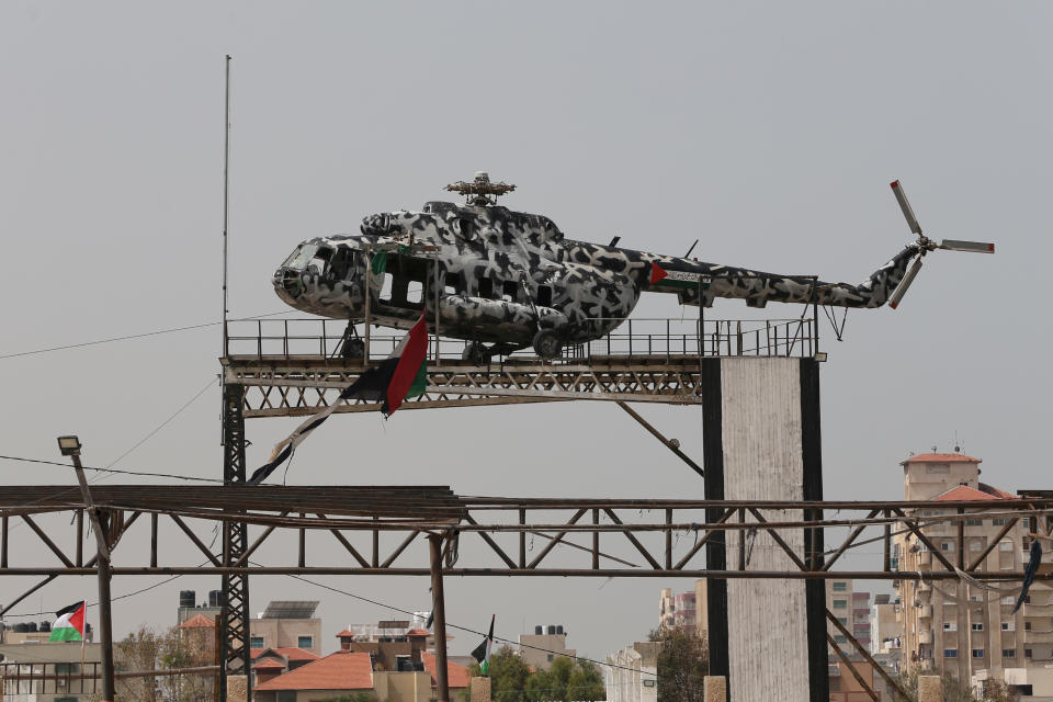 The broken helicopter of the late Palestinian Authority President Yasser Arafat sits atop a structure in Gaza City, April 29, 2019. Without its main rotor, it is now on public display in the coastal enclave that is now controlled by the Palestinian Authority's most powerful domestic rival, Hamas. (Photo: Ronen Zvulun/Reuters)