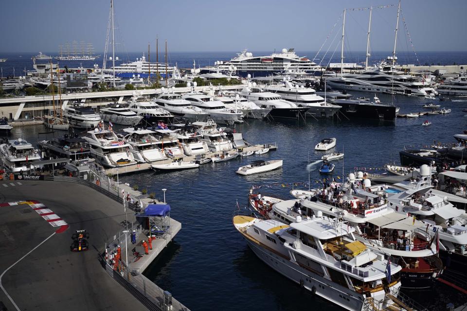 Red Bull driver Sergio Perez of Mexico steers his car during the second free practice at the Monaco racetrack, in Monaco, Friday, May 27, 2022. The Formula one race will be held on Sunday. (AP Photo/Daniel Cole)