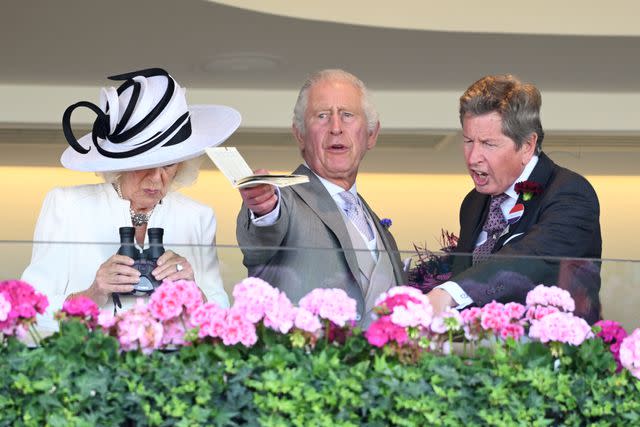 <p>Karwai Tang/WireImage</p> Queen Camilla, King Charles and John Warren closely watch the 2023 Royal Ascot.