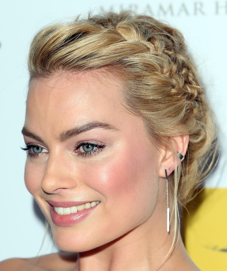 Margot Robbie </br> <em>You can seamlessly blend your French braids into a beautiful updo with <a href="http://local.kmart.com/Goody-Colour-Collection-Metallic-Bobby-Pin-Blonde--CT/p-038W006365870001P?st=7777&sid=KDx20141117x00002xlpla#!/" target="_blank">Goody Colour Collection blonde hair pins</a>. </em>