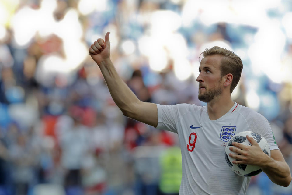 England’s Harry Kane celebrates his team’s 6-1 victory at the end of the group G match. (AP Photo/Antonio Calanni)