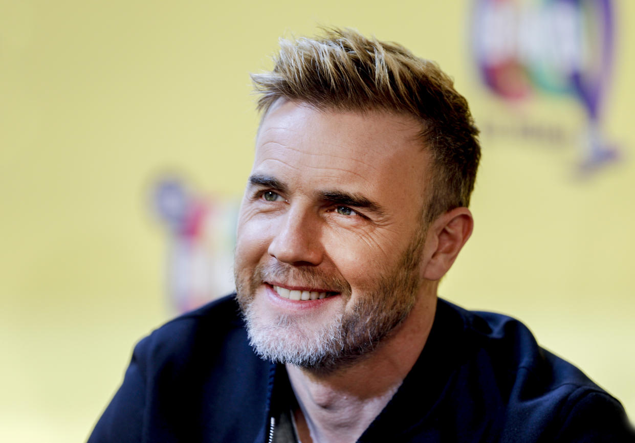 BERLIN, GERMANY - APRIL 01: Take That singer Gary Barlow during the photocall "The Band - Das Musical" with the main cast and members of the band Take That at Theater des Westens on April 1, 2019 in Berlin, Germany. (Photo by Isa Foltin/Getty Images)