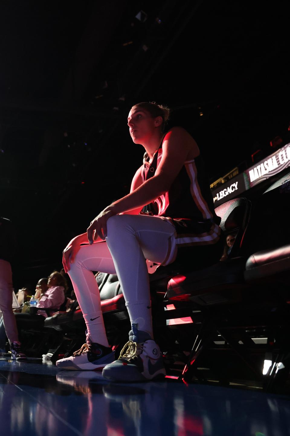 Elena Delle Donne of the Washington Mystics sits on the bench as she waits to be introduced before playing against the Connecticut Sun at Entertainment & Sports Arena on May 23, 2023 in Washington, D.C.