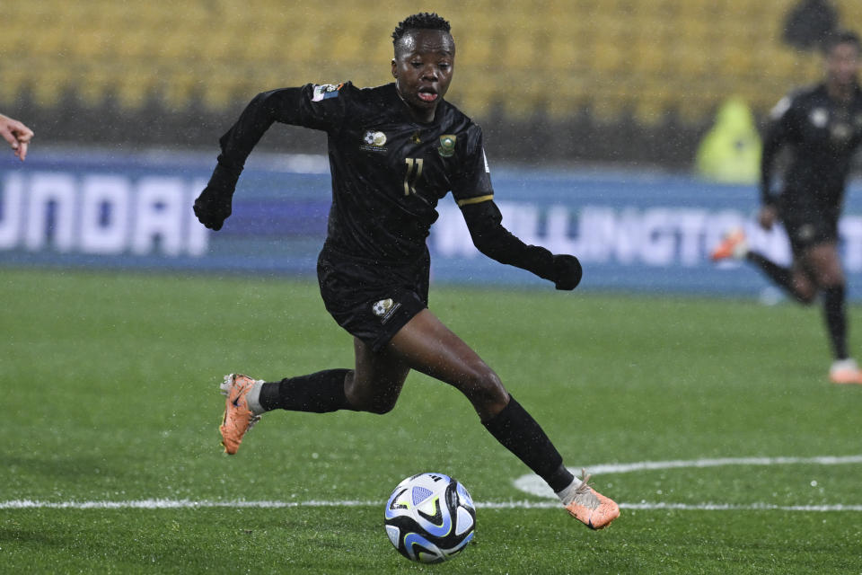 South Africa's Thembi Kgatlana runs for the ball during the Women's World Cup Group G soccer match between Sweden and South Africa in Wellington, New Zealand, Sunday, July 23, 2023. (AP Photo/Andrew Cornaga)