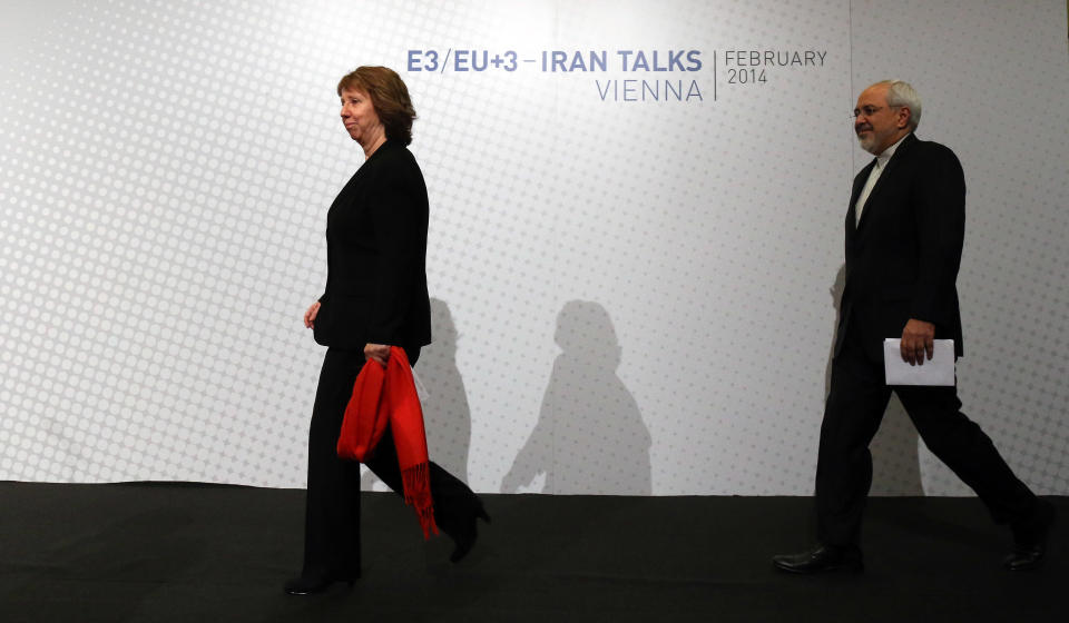 European Union High Representative Catherine Ashton, left, and Iranian Foreign Minister Mohammad Javad Zarif arrive for a press statement after closed-door nuclear talks in Vienna, Austria, Thursday, Feb. 20, 2014. Iran and six world powers on Thursday announced that they have agreed on a plan meant to produce a comprehensive deal that reduces concerns about Tehran's nuclear ambitions. Officials of both sides described their plans as "very productive." (AP Photo/Ronald Zak)