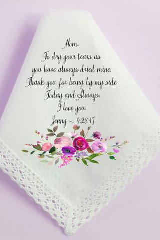 <p><em>$20 </em></p><p><a rel="nofollow noopener" href="https://www.etsy.com/listing/511429258/wedding-handkerchief-mother-of-the-bride" target="_blank" data-ylk="slk:BUY NOW;elm:context_link;itc:0;sec:content-canvas" class="link ">BUY NOW</a></p><p>Choose the color, fabric, words, names and date to make this traditional gift unique. These 100 % cotton hankies are soft to the touch, but durable enough to withstand her tears of joy as you say your vows.</p>