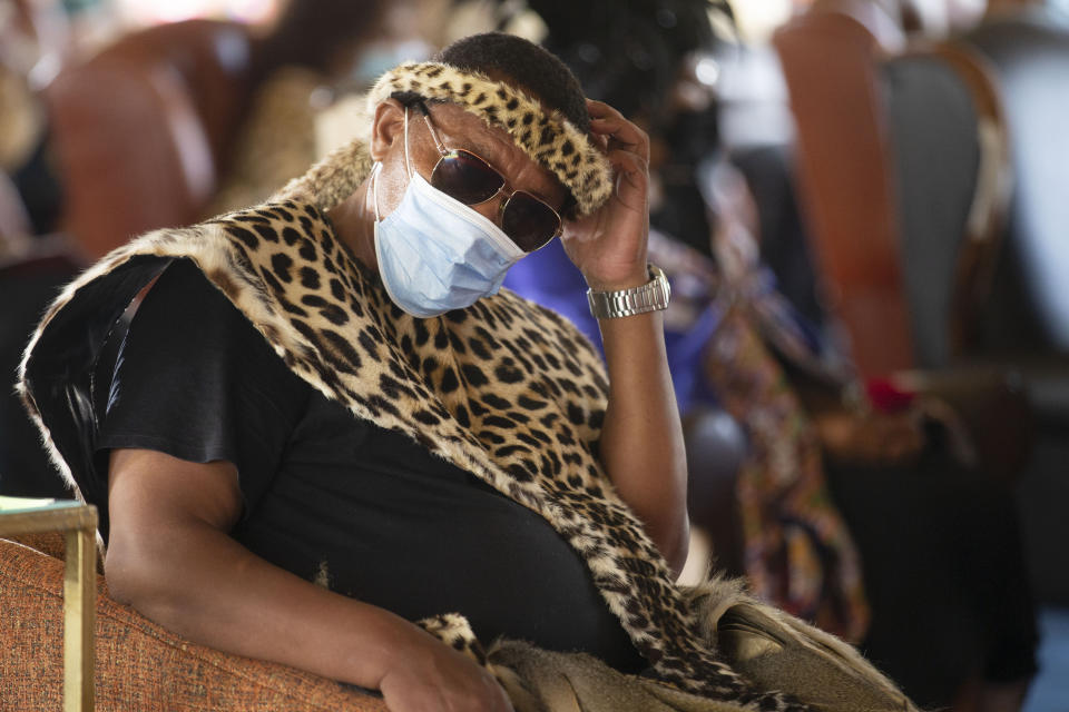 Prince Mbonisi Zulu attends the memorial service for his brother Zulu King Goodwill Zwelithini, in Nongoma, South Africa, Thursday, March 18, 2021. The monarch passed away early Friday after a reign that spanned more than 50 years. (AP Photo/PhilL Magakoe)