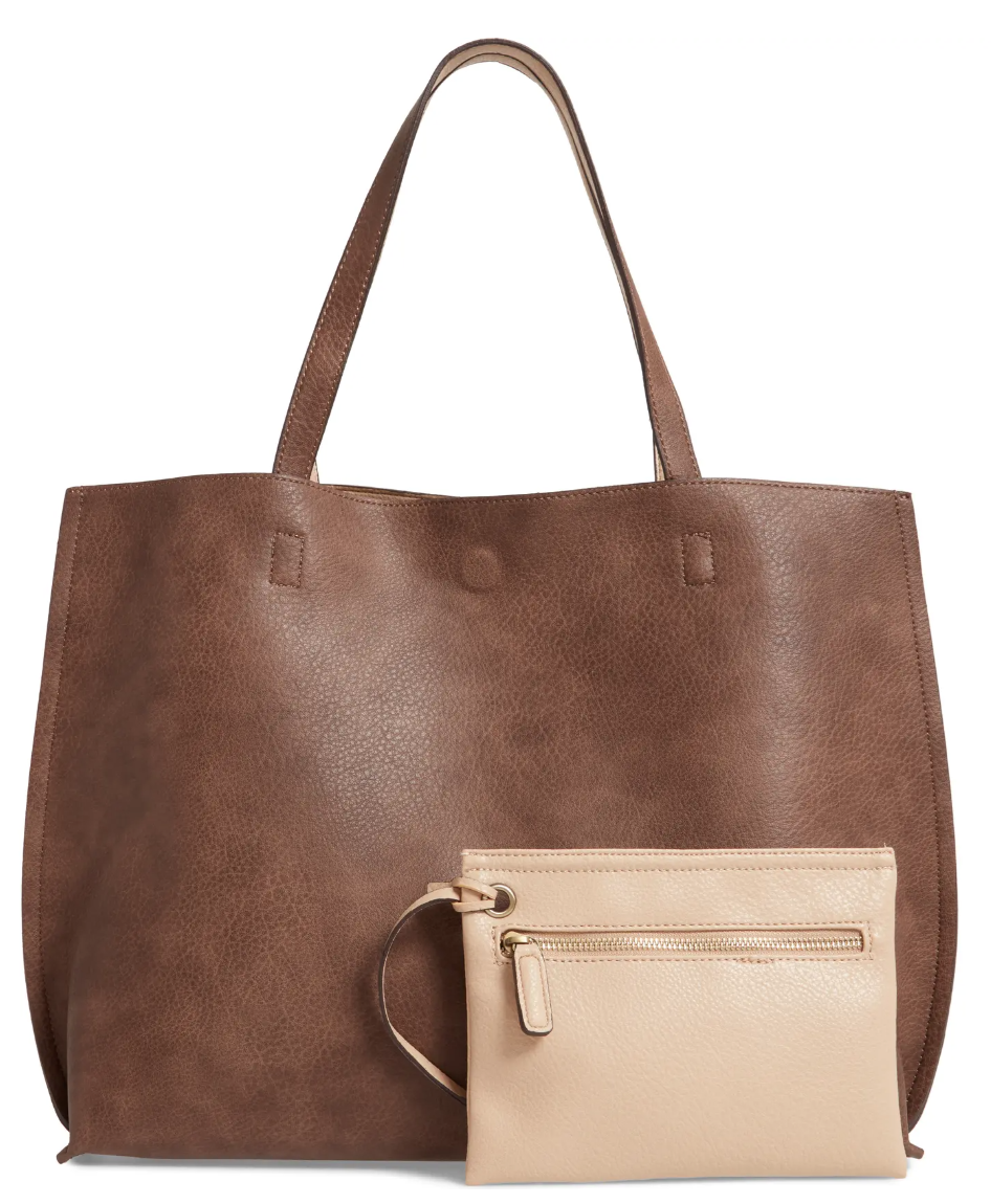 Street Level Reversible Faux Leather Tote & Wristlet in Taupe/Ivory