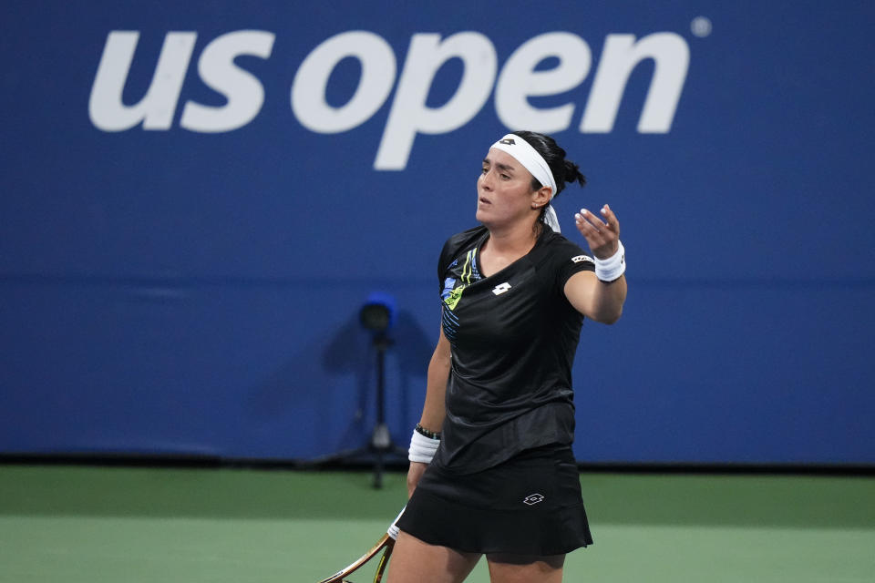 Ons Jabeur, of Tunisia, reacts during a match against Noskova, of the Czech Republic, at the second round of the U.S. Open tennis championships, Thursday, Aug. 31, 2023, in New York. (AP Photo/Frank Franklin II)