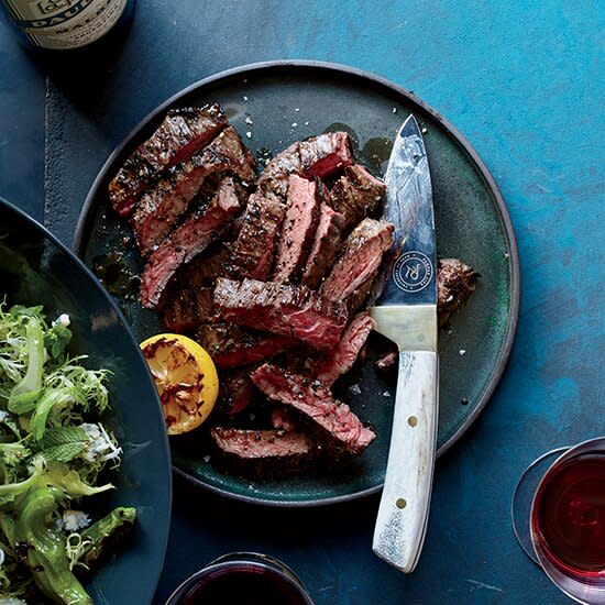 Grilled Skirt Steak with Shishitos and Charred Lemon