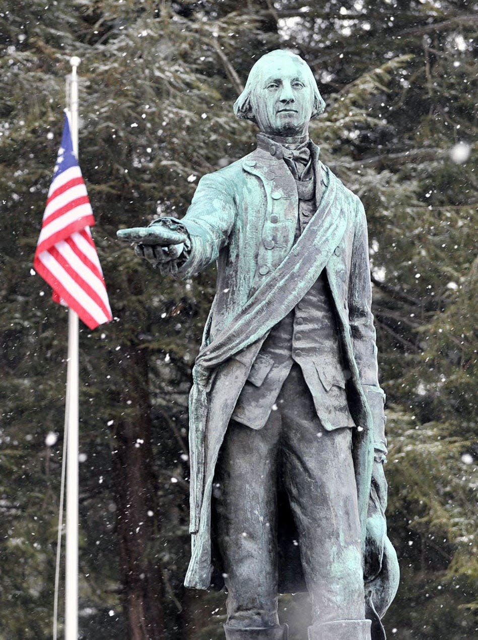 The statue of George Washington in Waterford commemorates Washington's visit to Fort LeBoeuf in 1753.