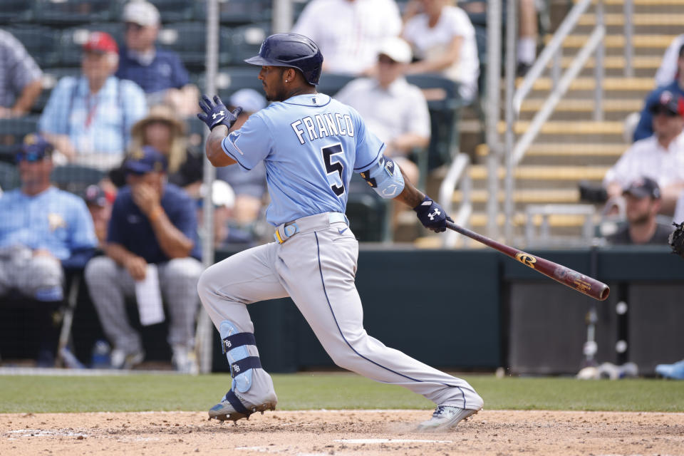 FORT MYERS, FL - MARCH 24: Tampa Bay Rays shortstop Wander Franco (5) bats during a spring training baseball game against the Minnesota Twins on March 24, 2022 at Hammond Stadium in Fort Myers, Florida. (Photo by Joe Robbins/Icon Sportswire via Getty Images)