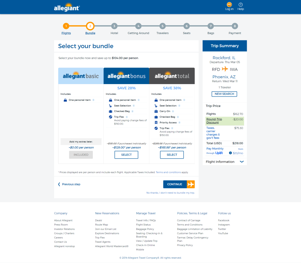 Allegiant now offers three ticket options on its website, two with a bundle of perks sold at a discount.