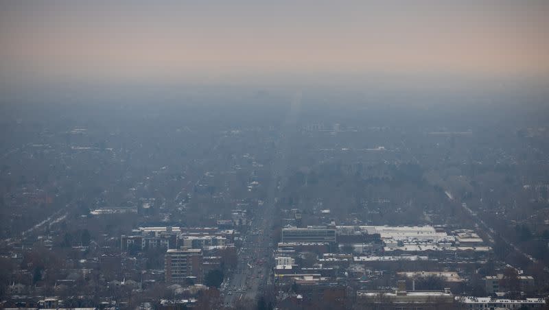 Hazy air is seen in Salt Lake City on Thursday, Jan. 26, 2023. A federal appeals court rejected Utah’s lawsuit over the EPA’s “good neighbor rule,” which will enforce new regulations on how much air pollution from power plants can flow across state lines. 